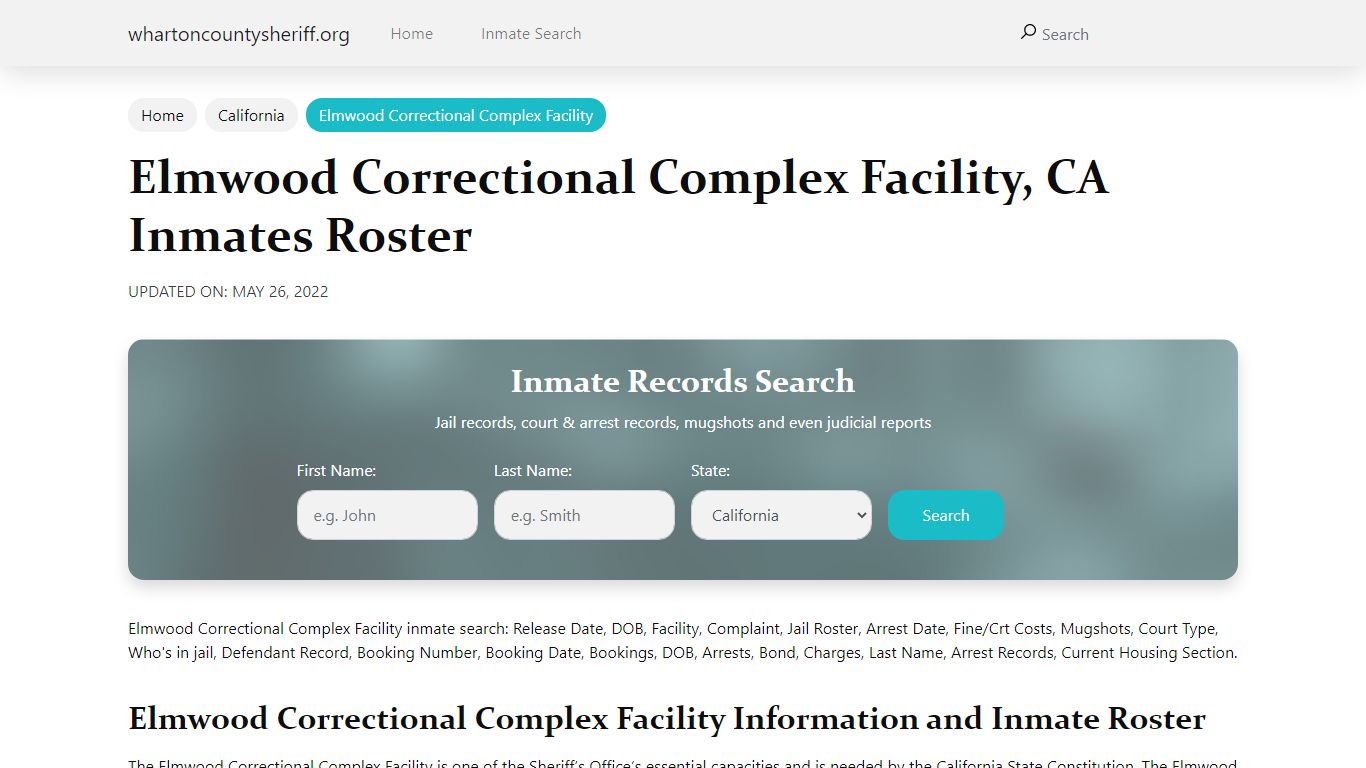 Elmwood Correctional Complex Facility, CA Jail Roster ...